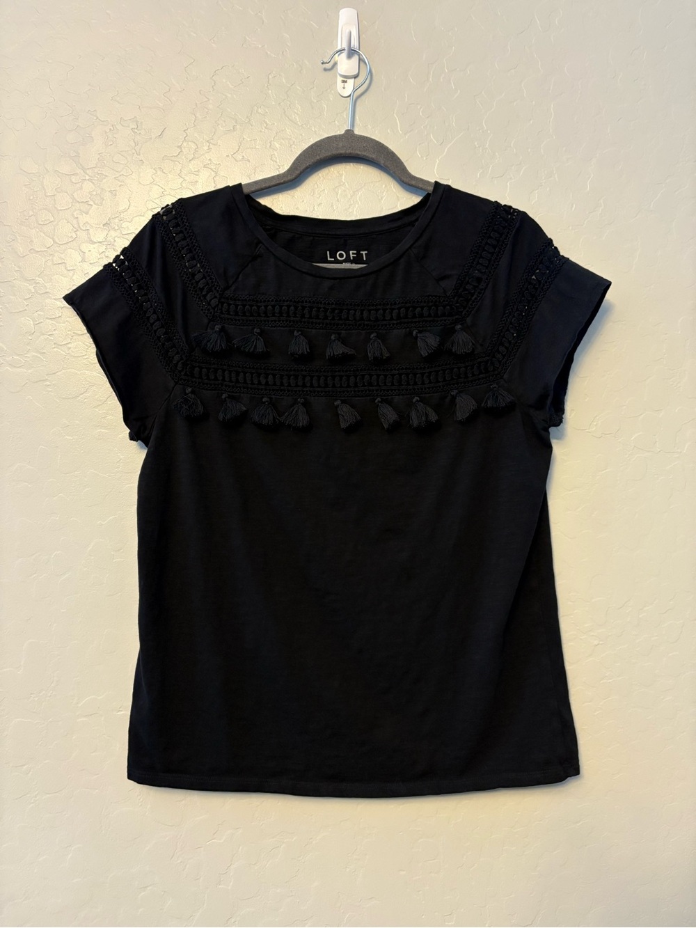 LOFT black short sleeve shirt with crochet and fringe tassel details size medium